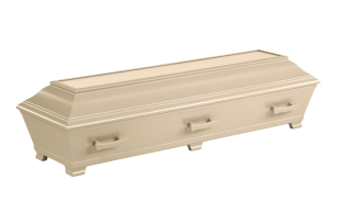 Beige kista med tre handtag på varje sida, placerad på ett vitt underlag.